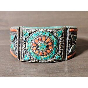 Rare Tibetan Nepalese Handmade Cuff Bangle With Turquoise And Coral Stone